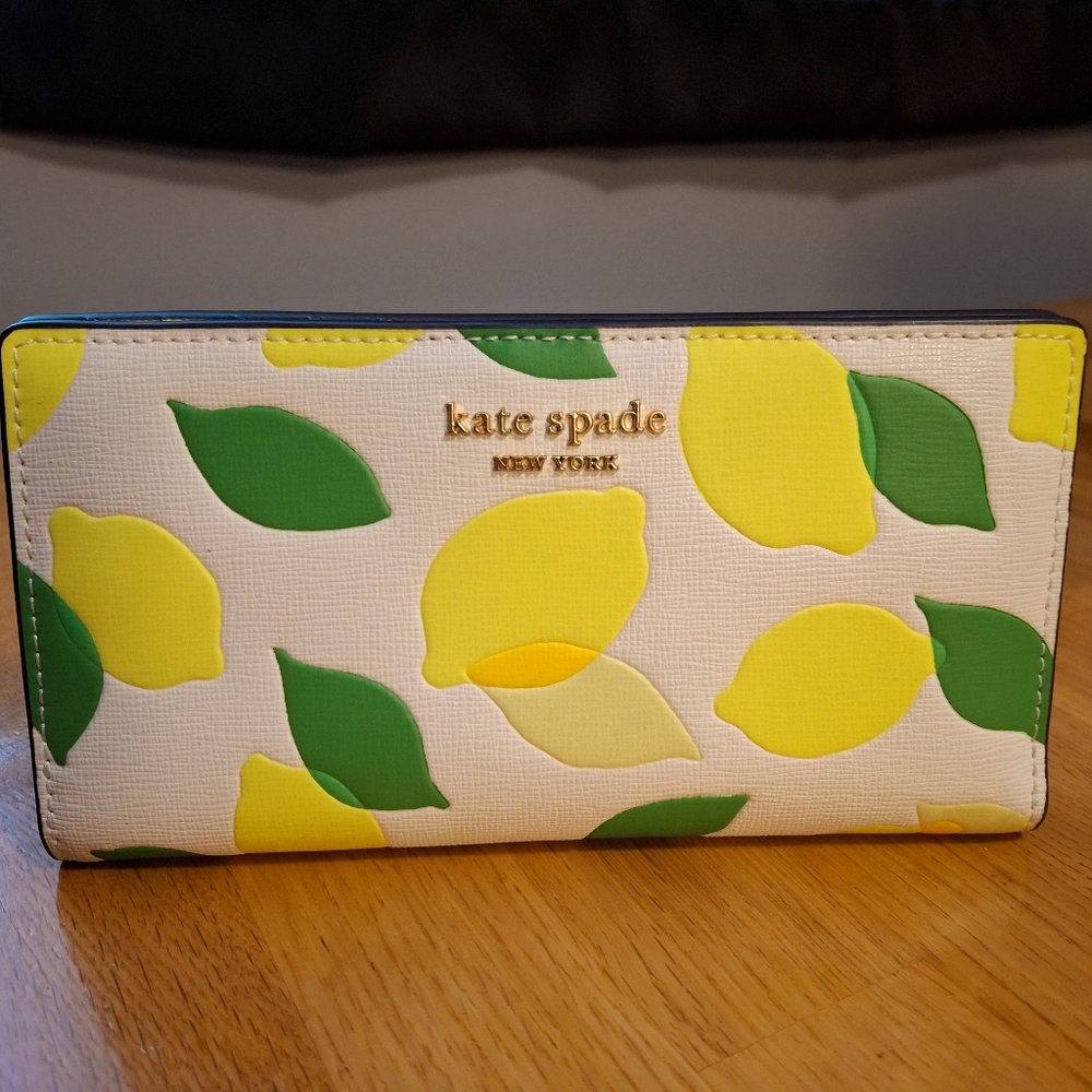 Kate Spade Lemon Printed Slim Bifold Wallet, Cap/ Hat, And Bag Charm Keychain - Picture 3 of 16
